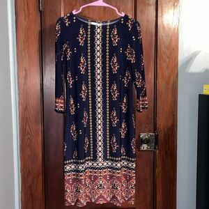Navy Blue Floral Print Midi Dress w/ Three Quarter Sleeves size 4